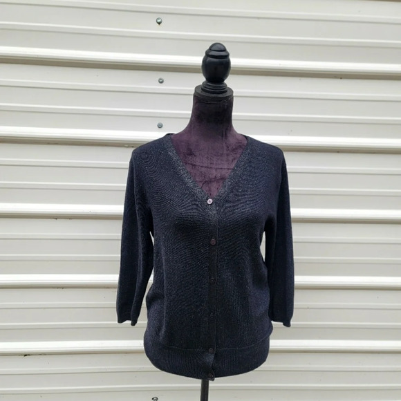 DKNY Black Lightweight Silk Lurex Blend Cardigan V-Neck Women's 3/4 Sleeve sz L - Picture 1 of 10